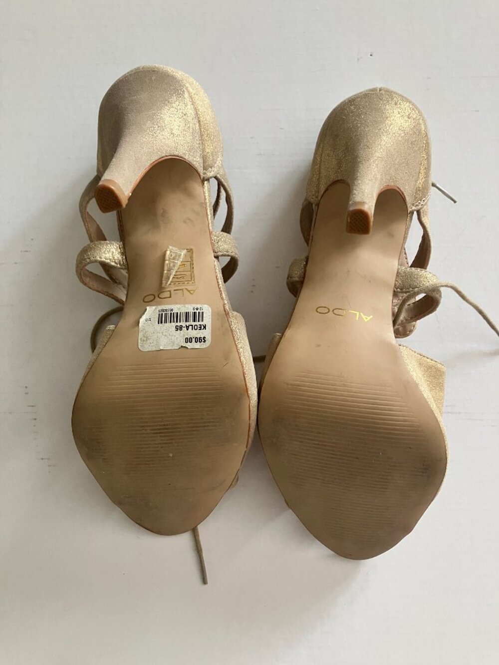 Firm Aldo Lace Up Open Stilettos Size 7 Gold Leather Upper - Picture 6 of 9